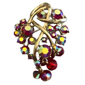 Vintage Gold Tone Red Aurora Borealis Rhinestones w Dangling Clusters Brooch